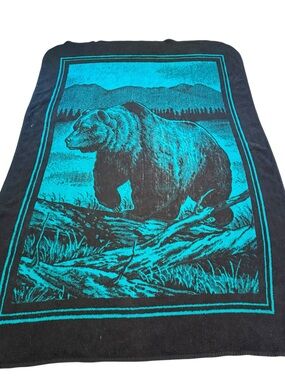 San Marcos vintage grizzly bear teal green blanket reversible 90s